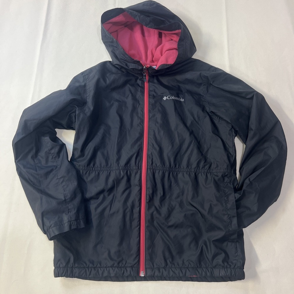 Columbia Youth Large 14/16 Hooded Jacket Black Pink Fleece Lined Full Zip
